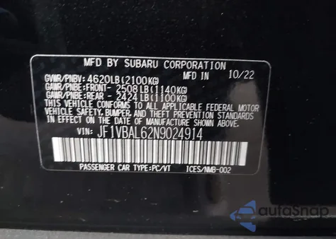 2022 Subaru Wrx Limited z USA, uszkodzony, nr VIN JF1VBAL62N9024914